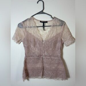 BCBGMAXAZRIA Women's Lace Floral Blouse Light Pink White V-Neck Short Sleeve XS